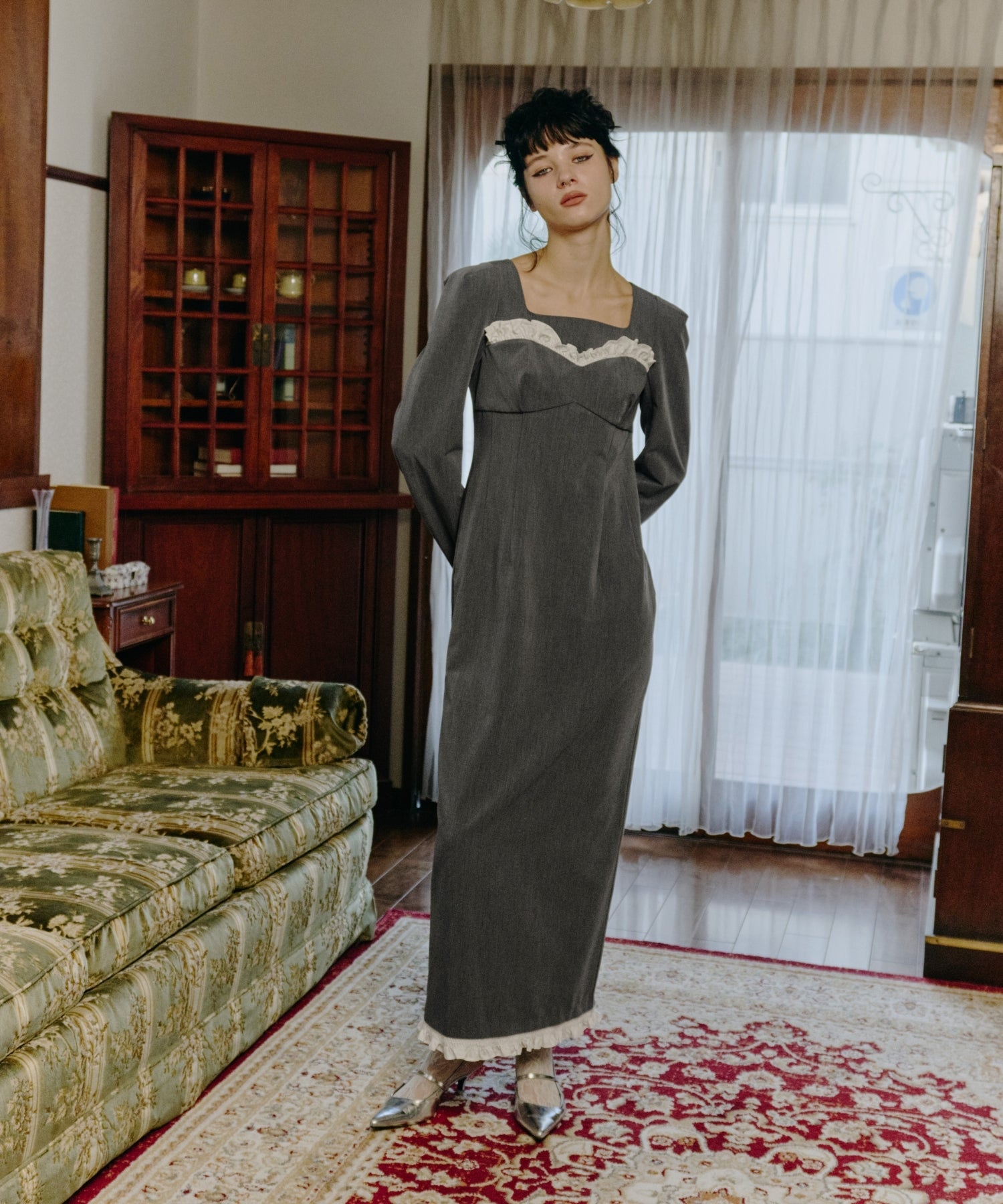 FRILLS TRIM LONG DRESS