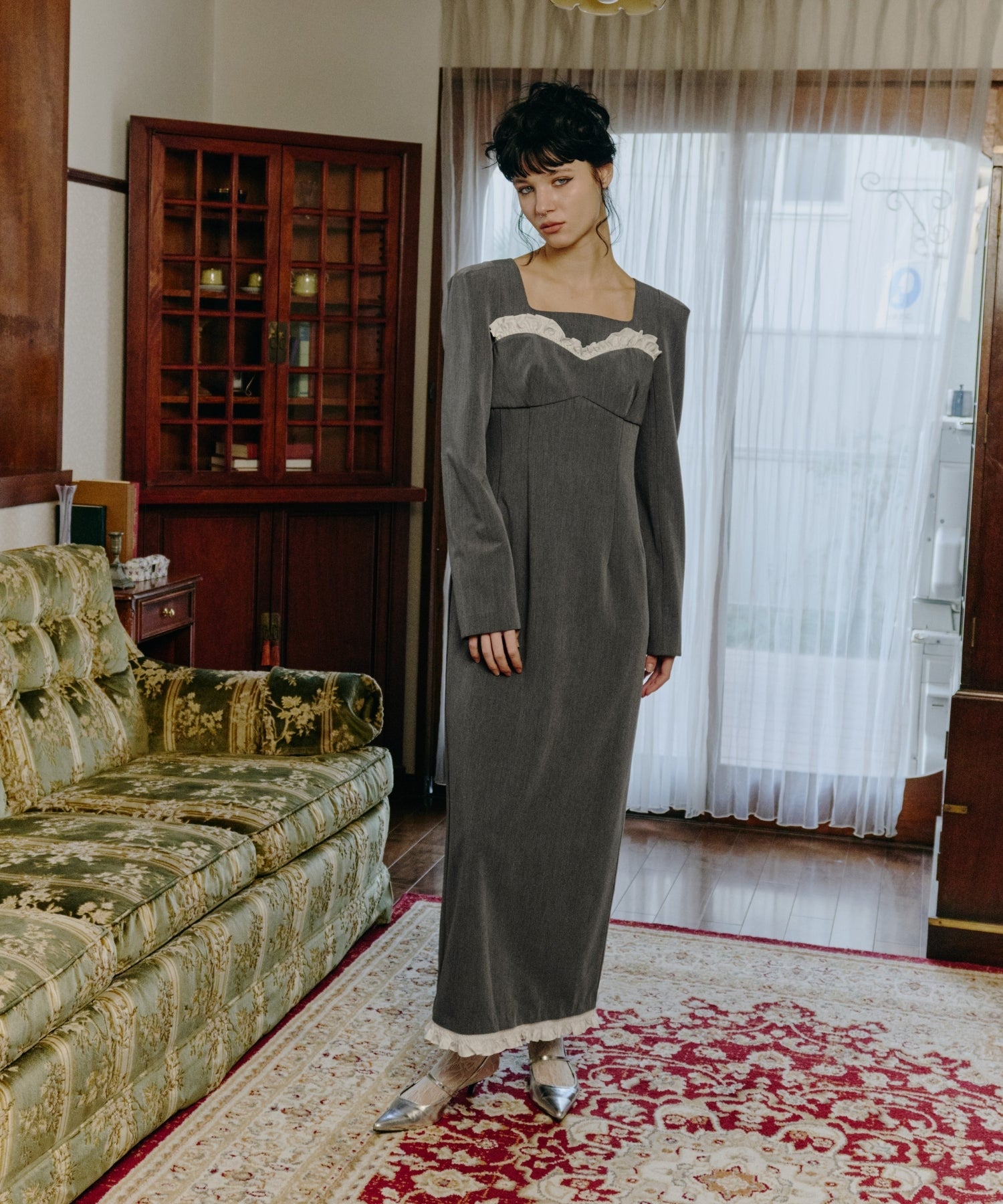 FRILLS TRIM LONG DRESS