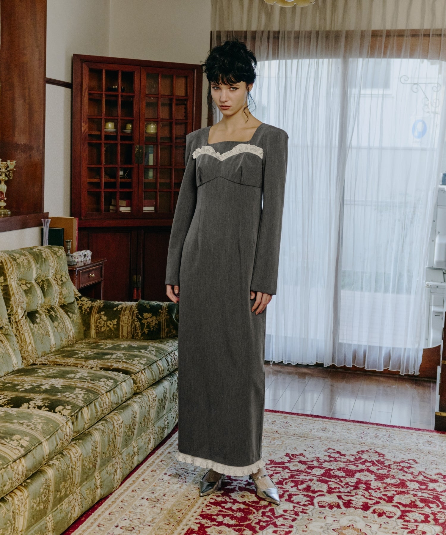 FRILLS TRIM LONG DRESS