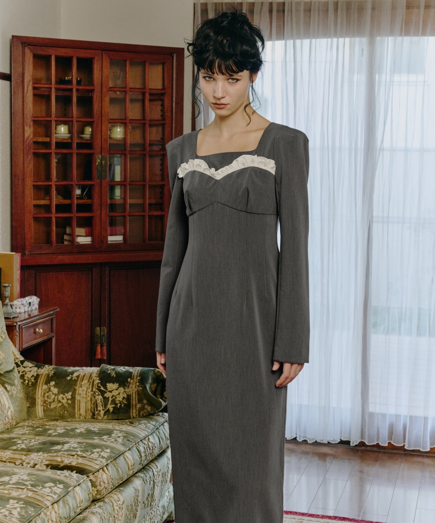 FRILLS TRIM LONG DRESS