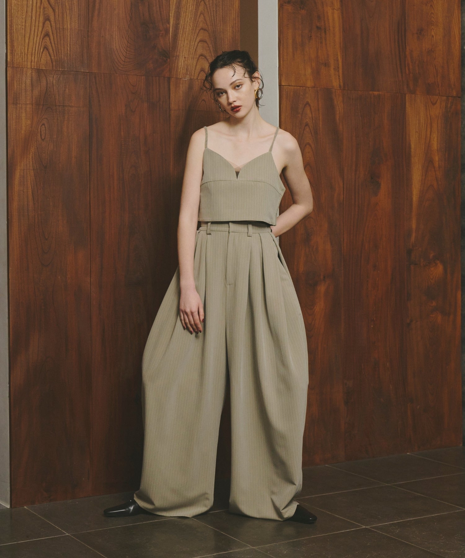PINSTRIPE BUSTIER WIDE PANTS DRESS