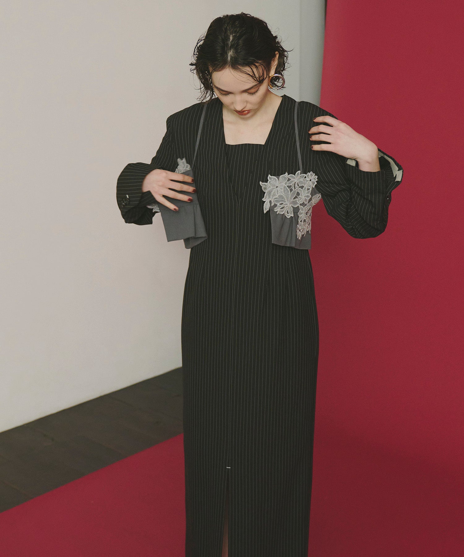 pinstripe tailored bustier dress【ANDRES】 PINSTRIPE TAILORED BUSTIER DRESS