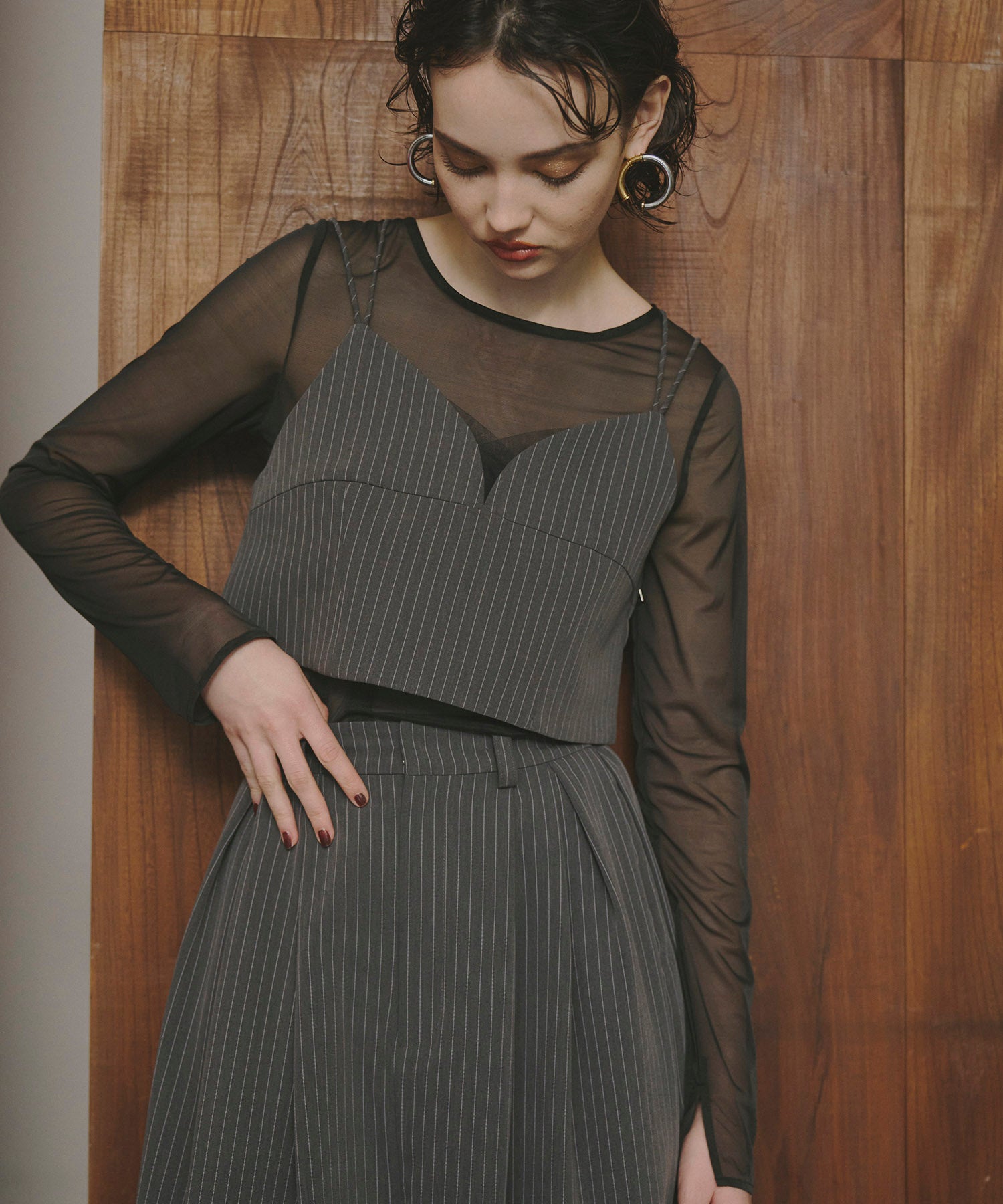 PINSTRIPE BUSTIER WIDE PANTS DRESS