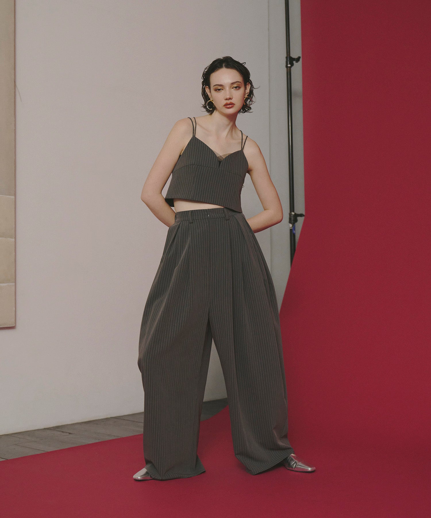 PINSTRIPE BUSTIER WIDE PANTS DRESS