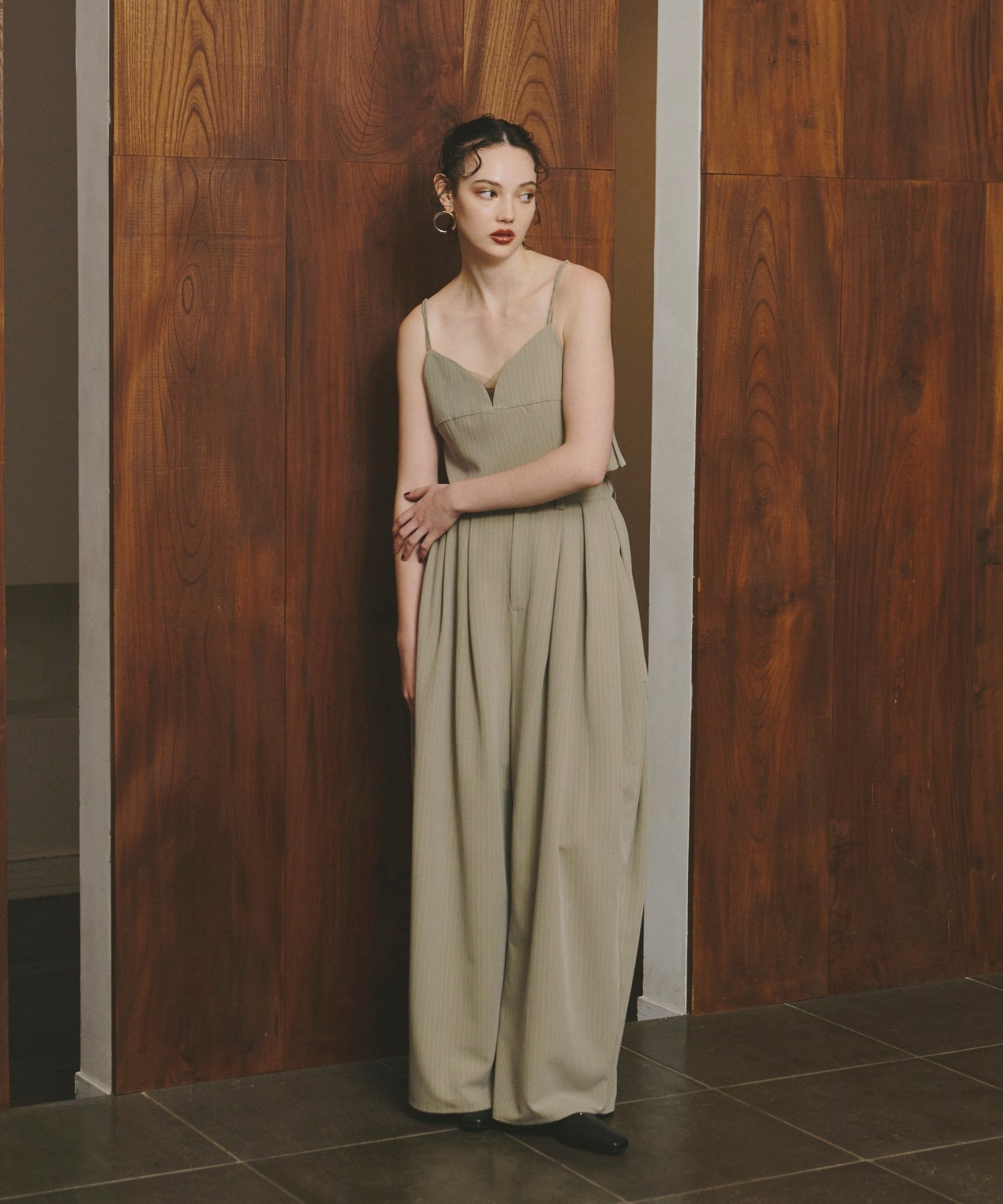 PINSTRIPE BUSTIER WIDE PANTS DRESS