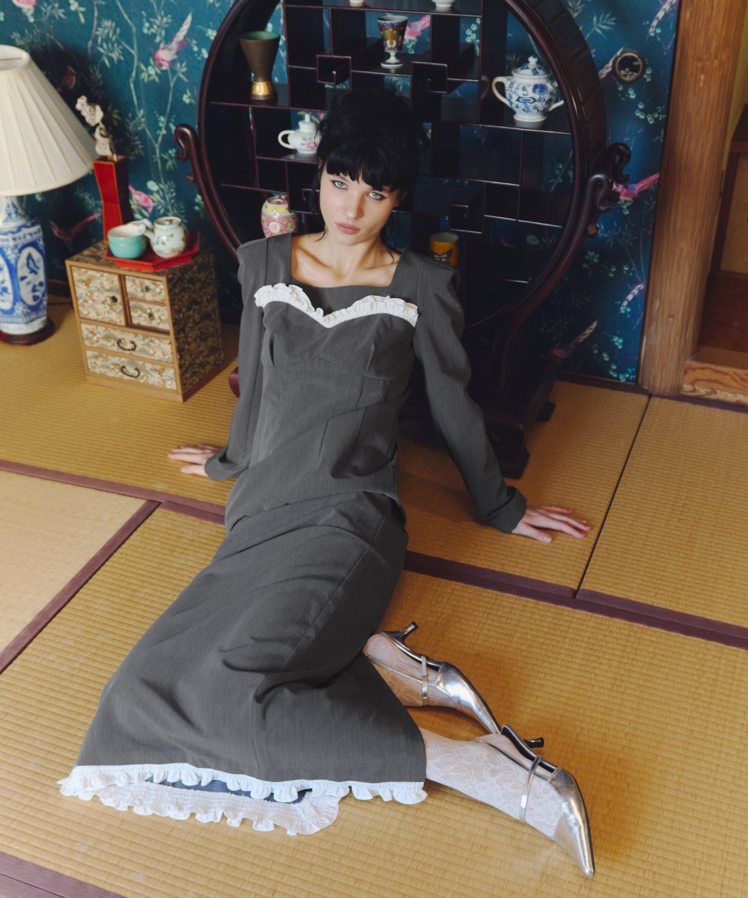 FRILLS TRIM LONG DRESS