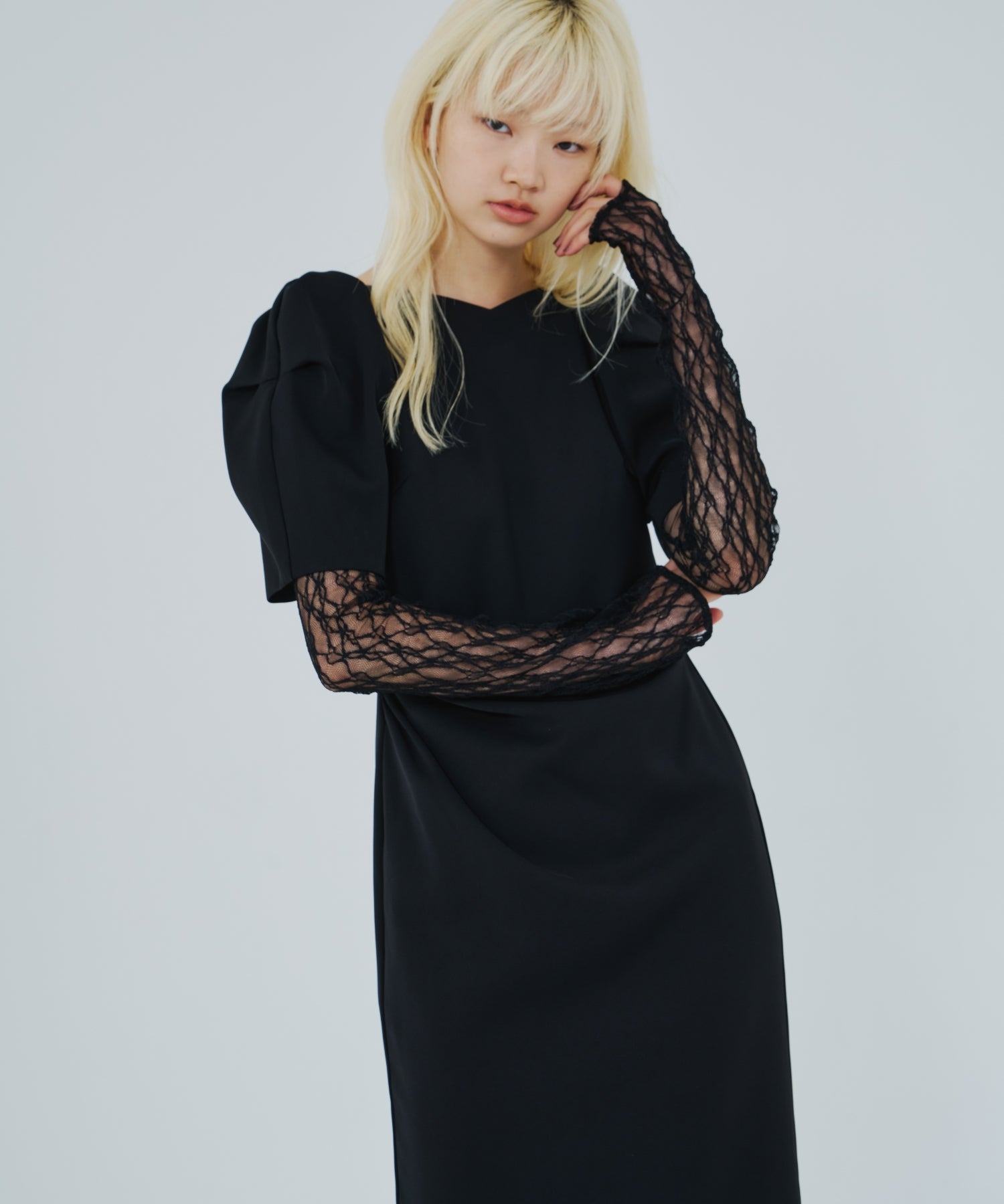 LACE ARM DRAPE DRESS