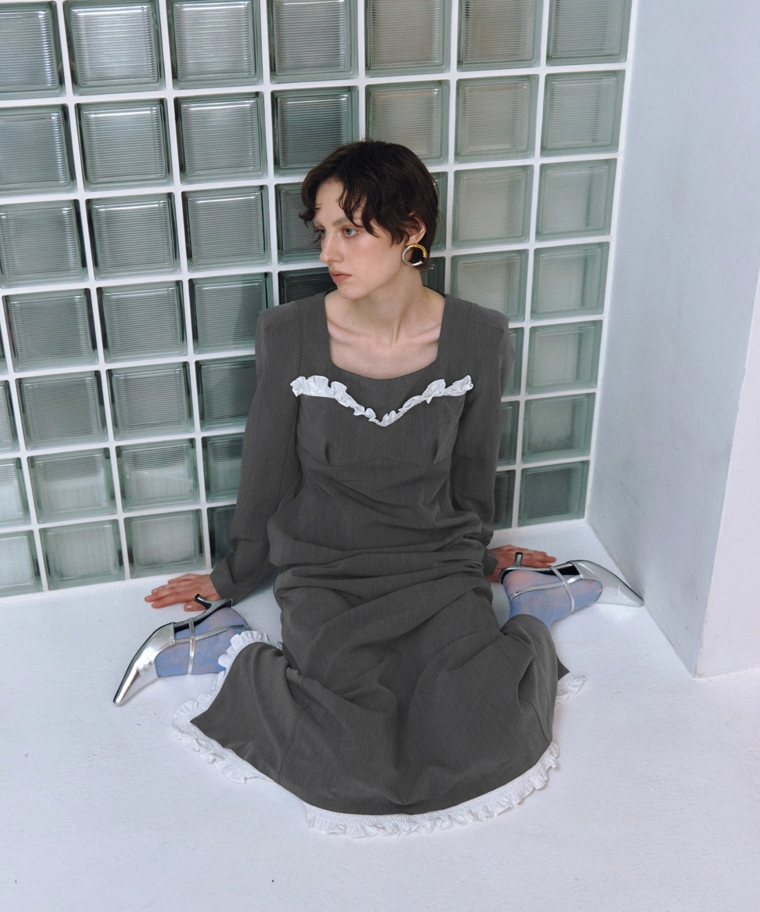 FRILLS TRIM LONG DRESS