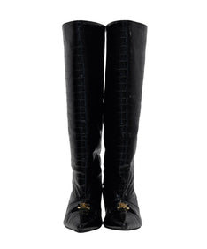 LOGO BUCKLE LONG BOOTS ブラック 正面全体物撮り画像