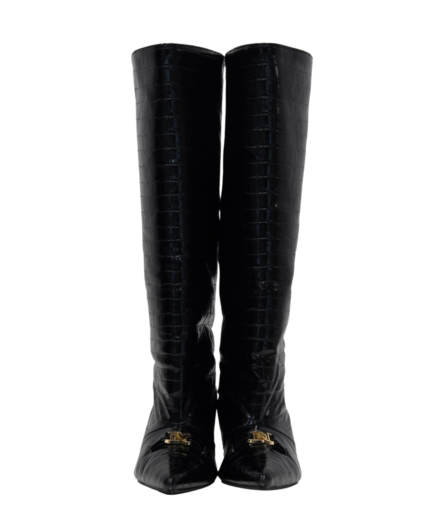 LOGO BUCKLE LONG BOOTS ブラック 正面全体物撮り画像