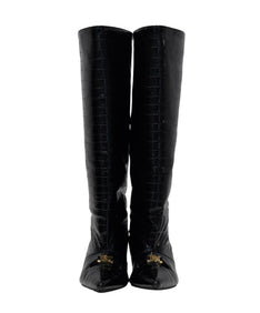 LOGO BUCKLE LONG BOOTS ブラック 正面全体物撮り画像