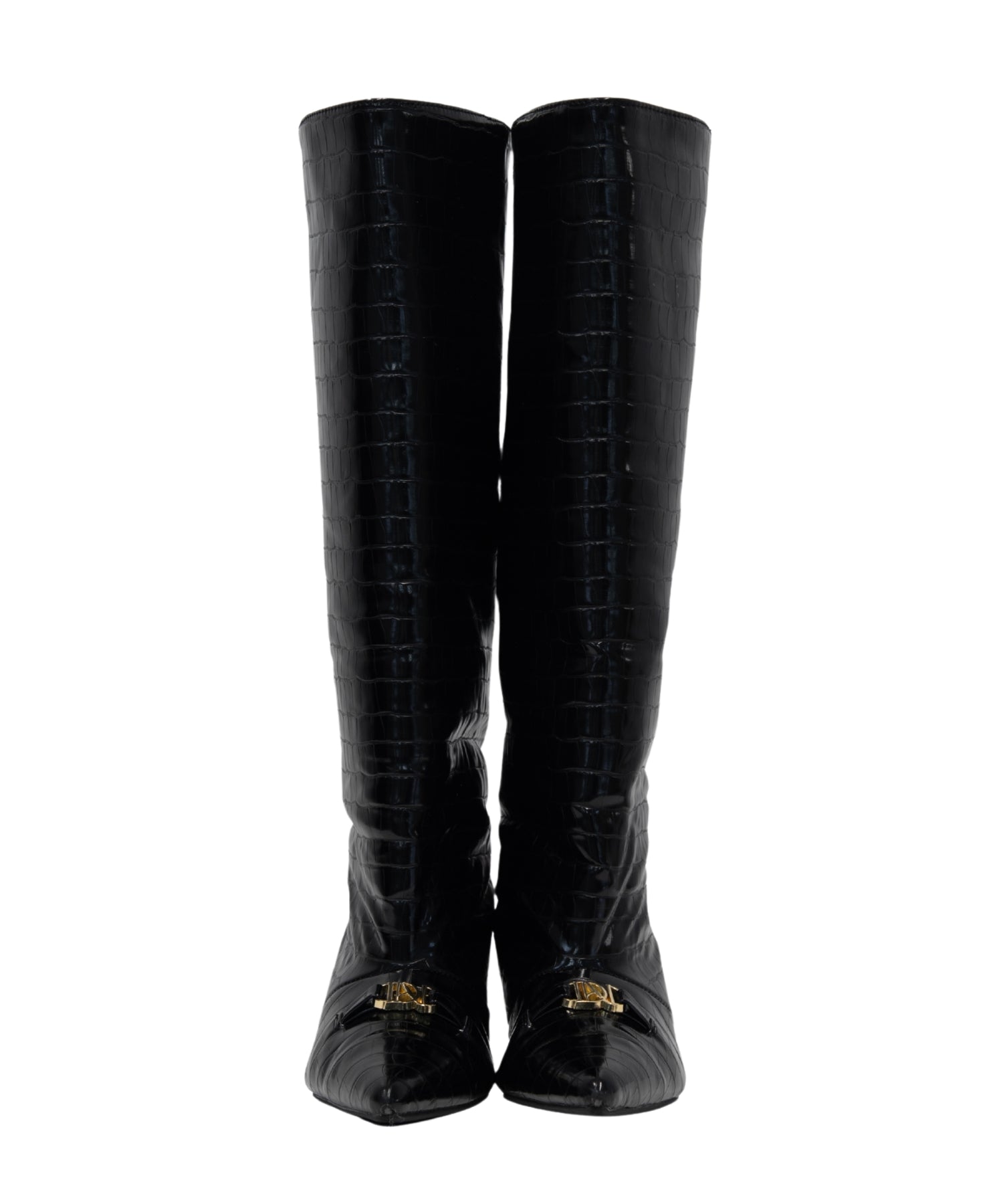 LOGO BUCKLE LONG BOOTS ブラック 正面全体物撮り画像