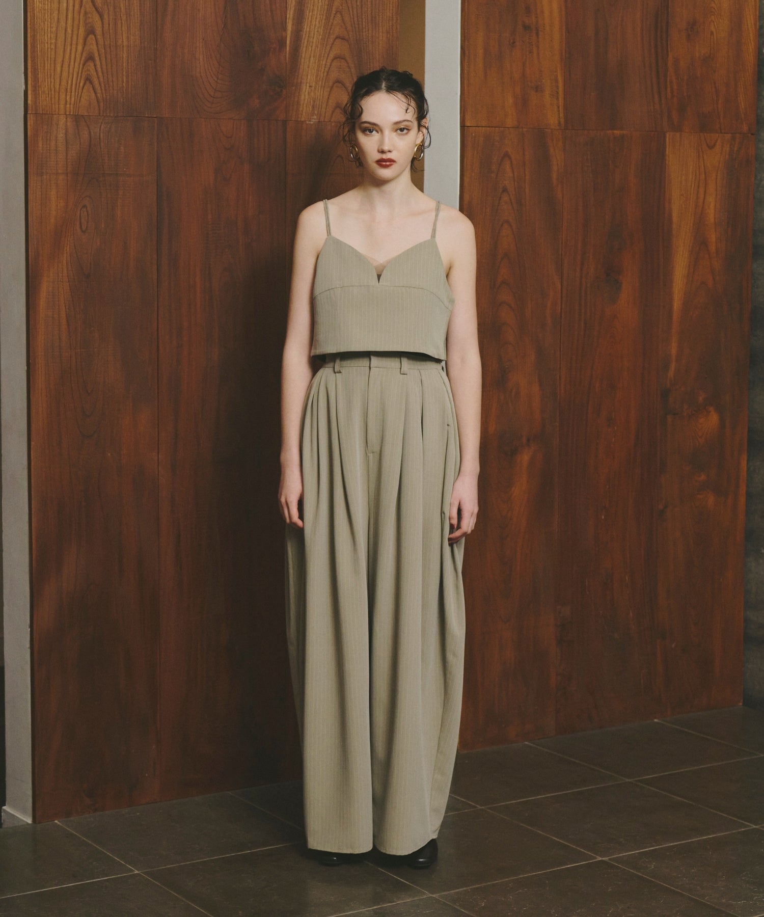 PINSTRIPE BUSTIER WIDE PANTS DRESS