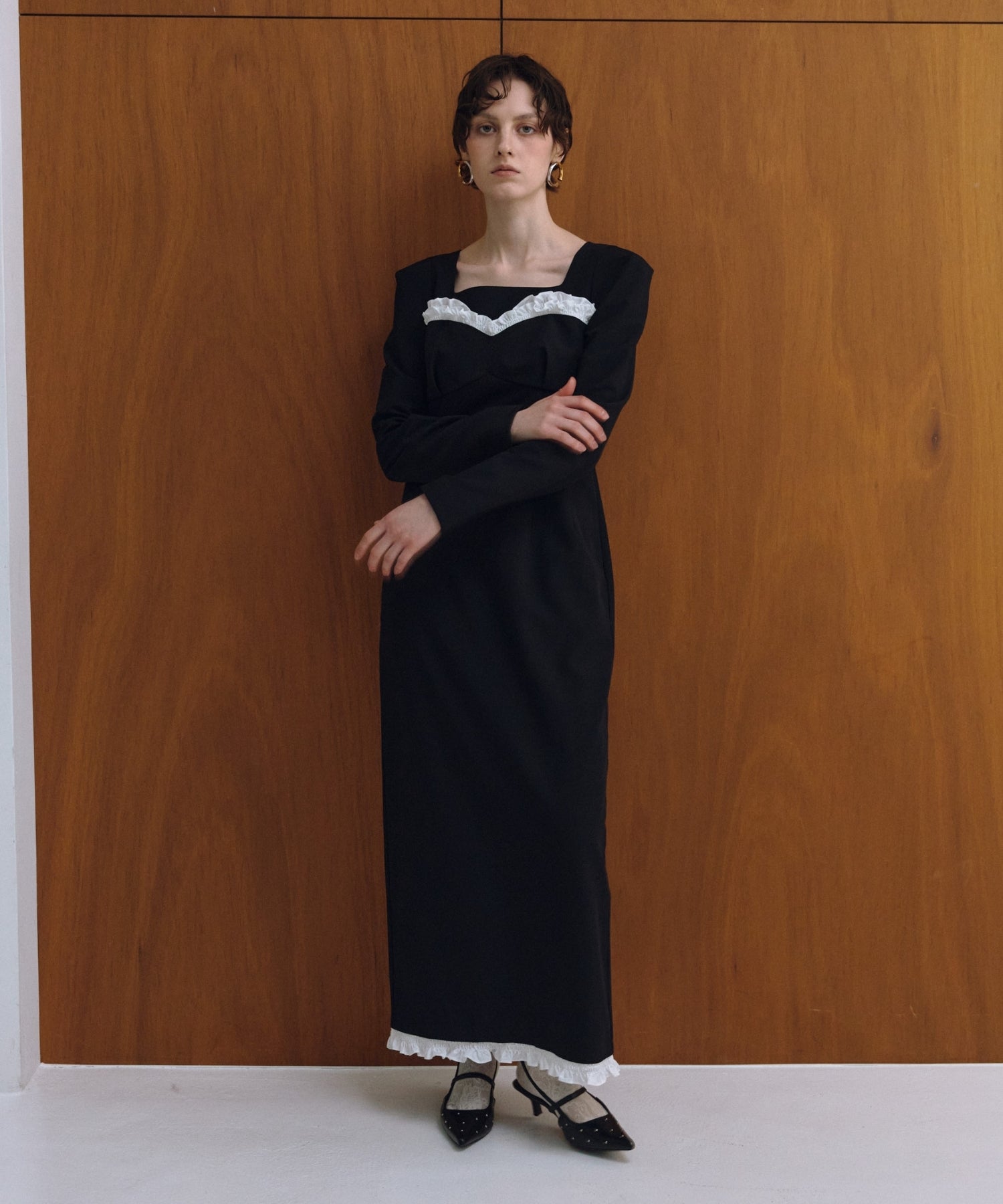 FRILLS TRIM LONG DRESS