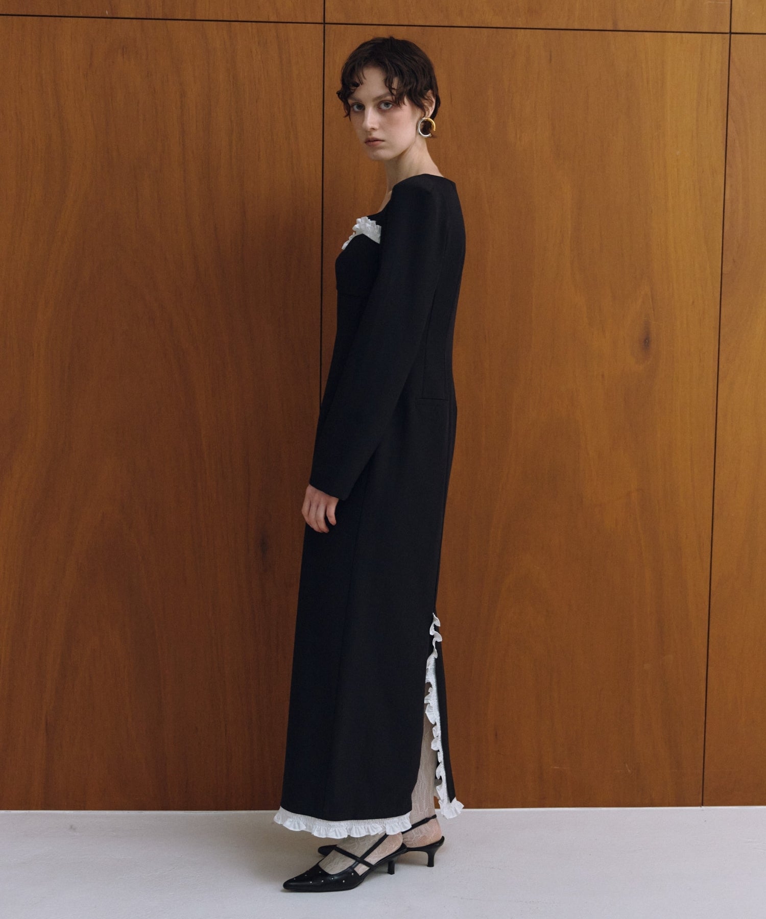 FRILLS TRIM LONG DRESS