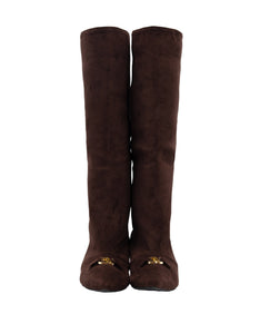 LOGO BUCKLE LONG BOOTS ブラウン 正面全体物撮り画像