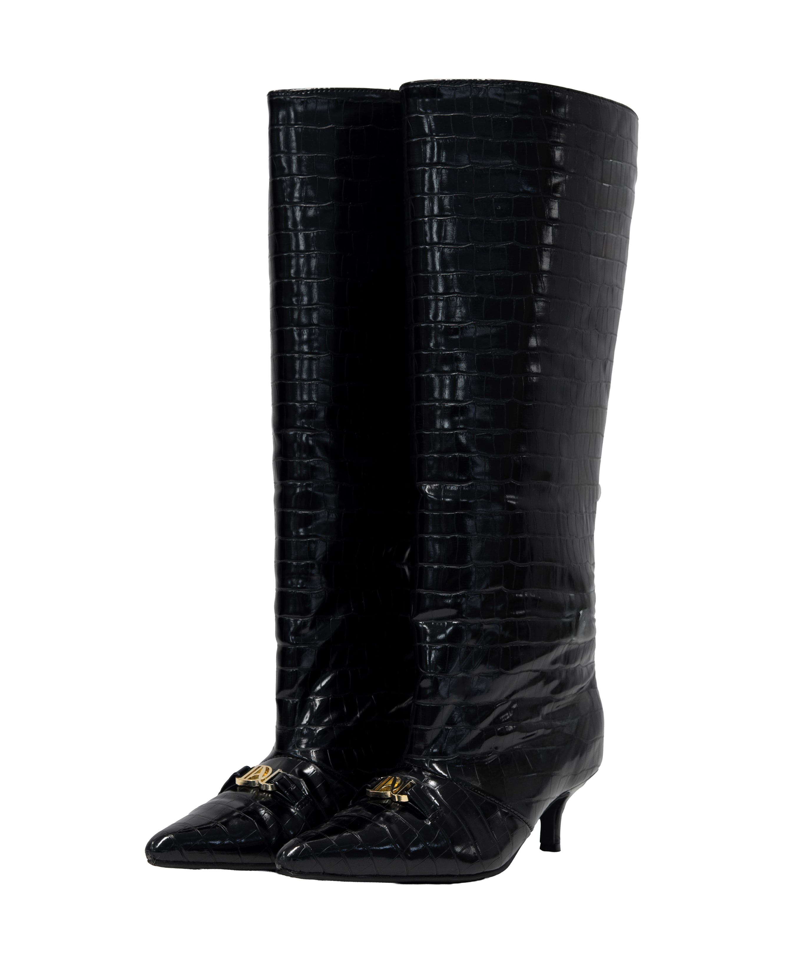 LOGO BUCKLE LONG BOOTS ブラック 横全体物撮り画像