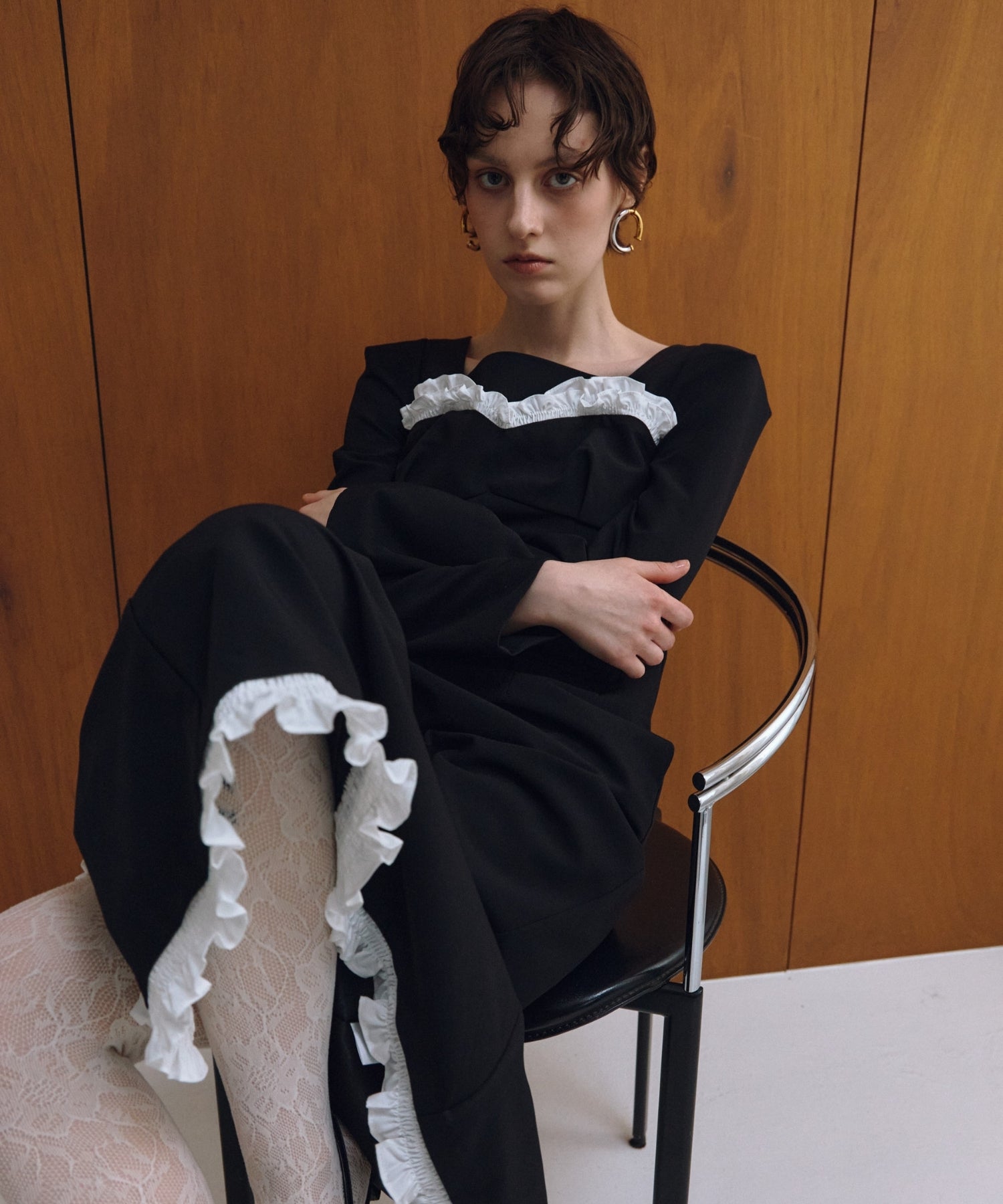 FRILLS TRIM LONG DRESS