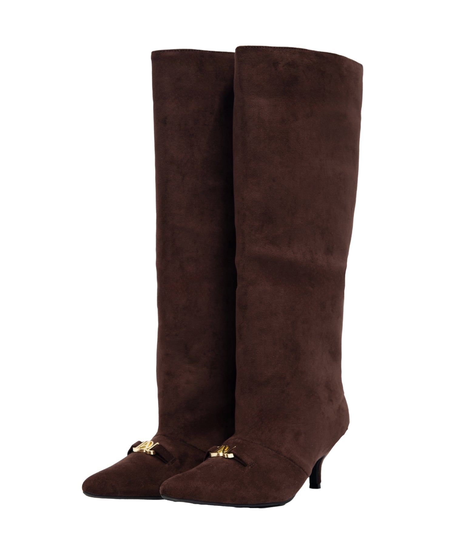LOGO BUCKLE LONG BOOTS ブラウン 横全体物撮り画像