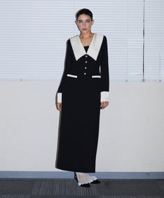 CONTRAST COLLAR DRESS ブラック 正面全身ポーズ