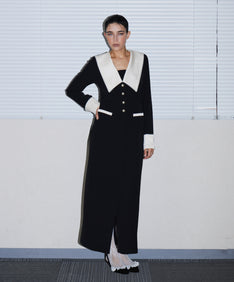 CONTRAST COLLAR DRESS ブラック 正面全身ポーズ