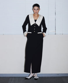 CONTRAST COLLAR DRESS ブラック 正面全身ポーズ