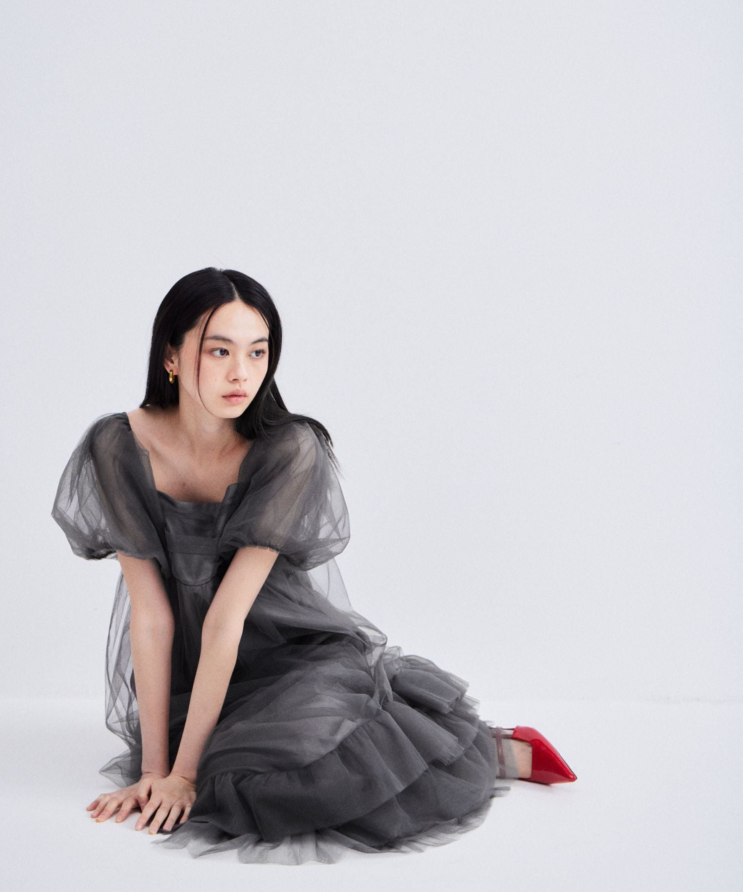 VOLUME TULLE PUFF SLEEVE DRESS