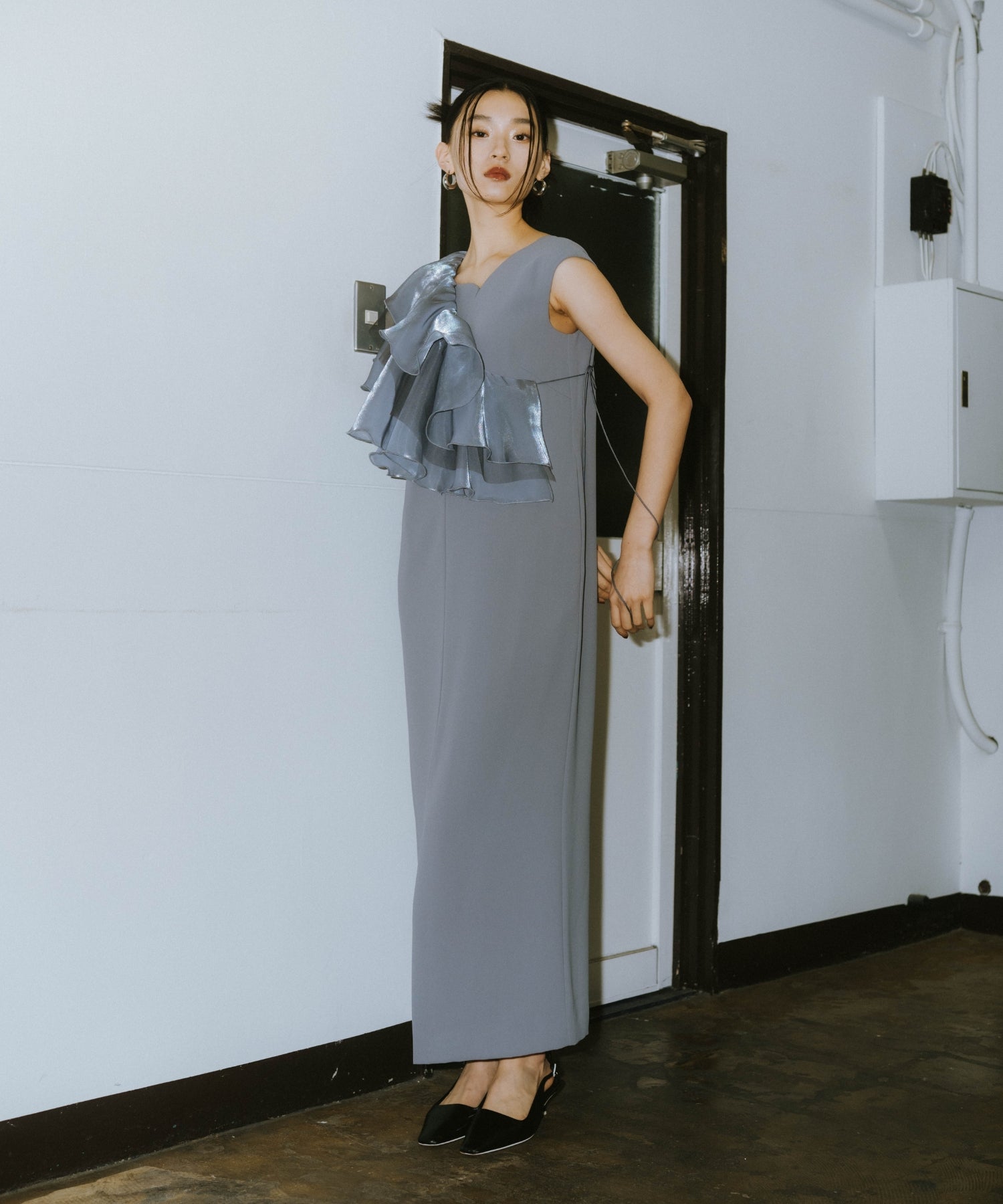GLOSSY MULTI RUFFLE DRESS