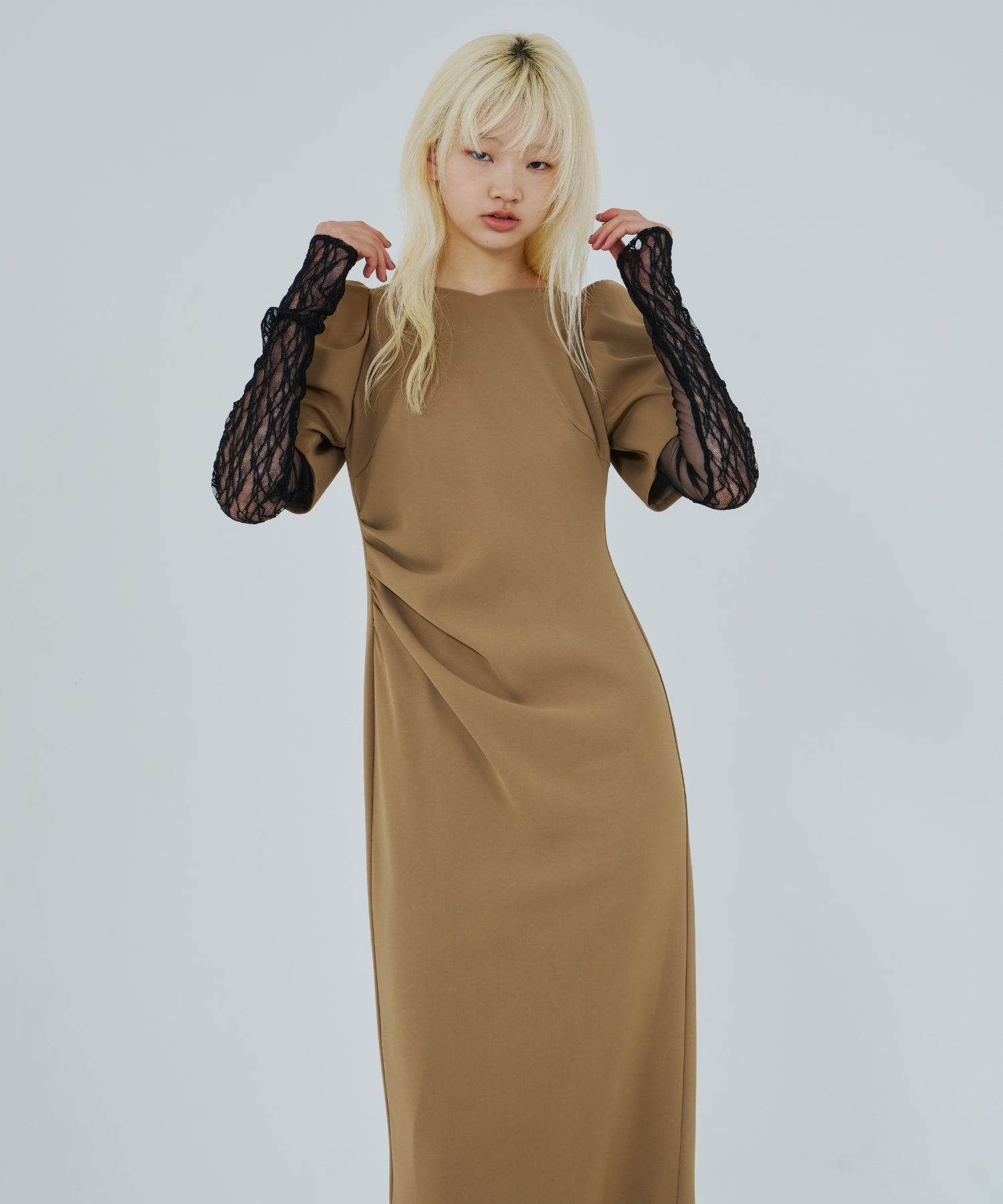 新品 ANDRESD lace arm drape dress ベージュ M LACE ARM COVER