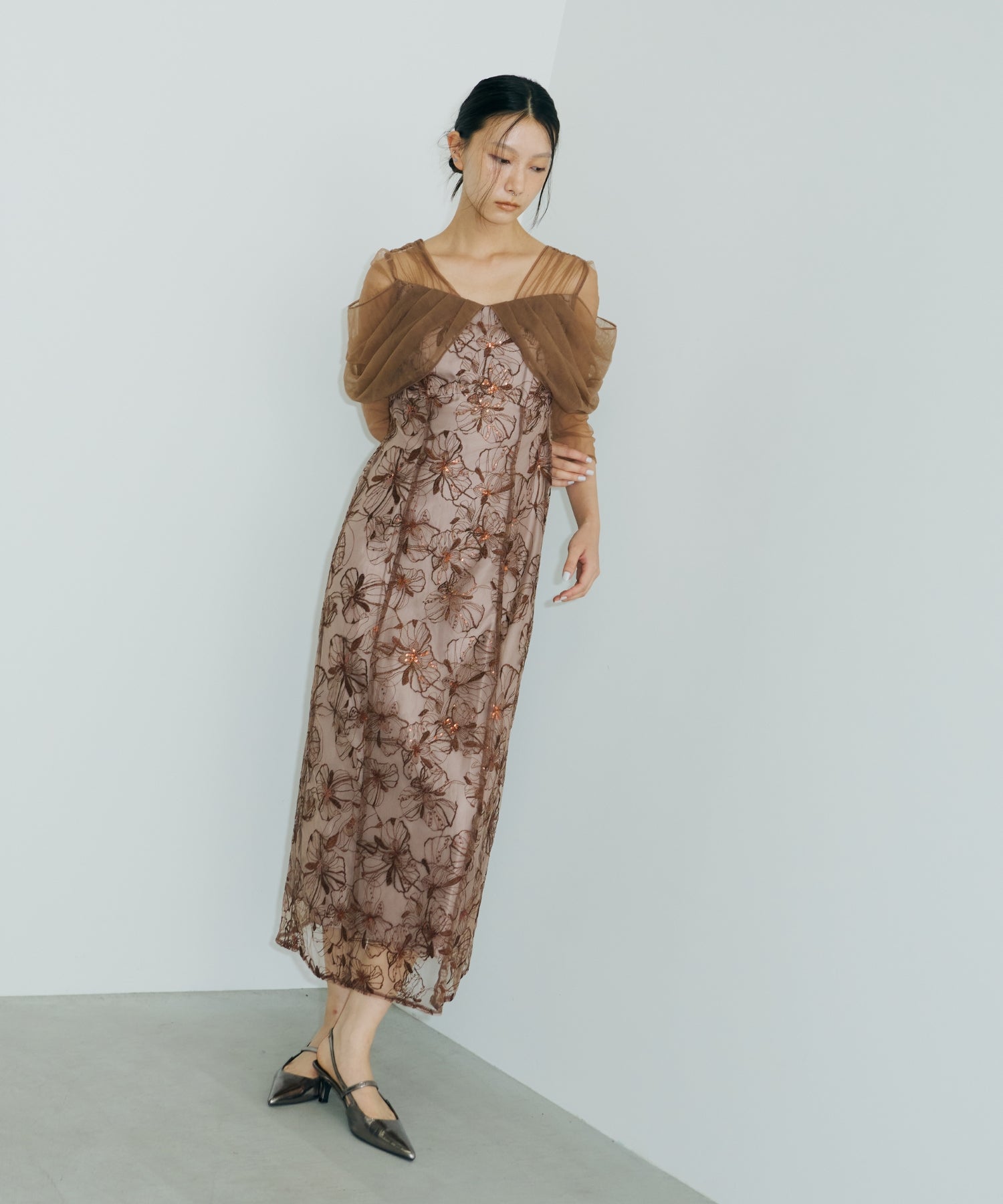 TULLE DRAPE SPANGLE DRESS