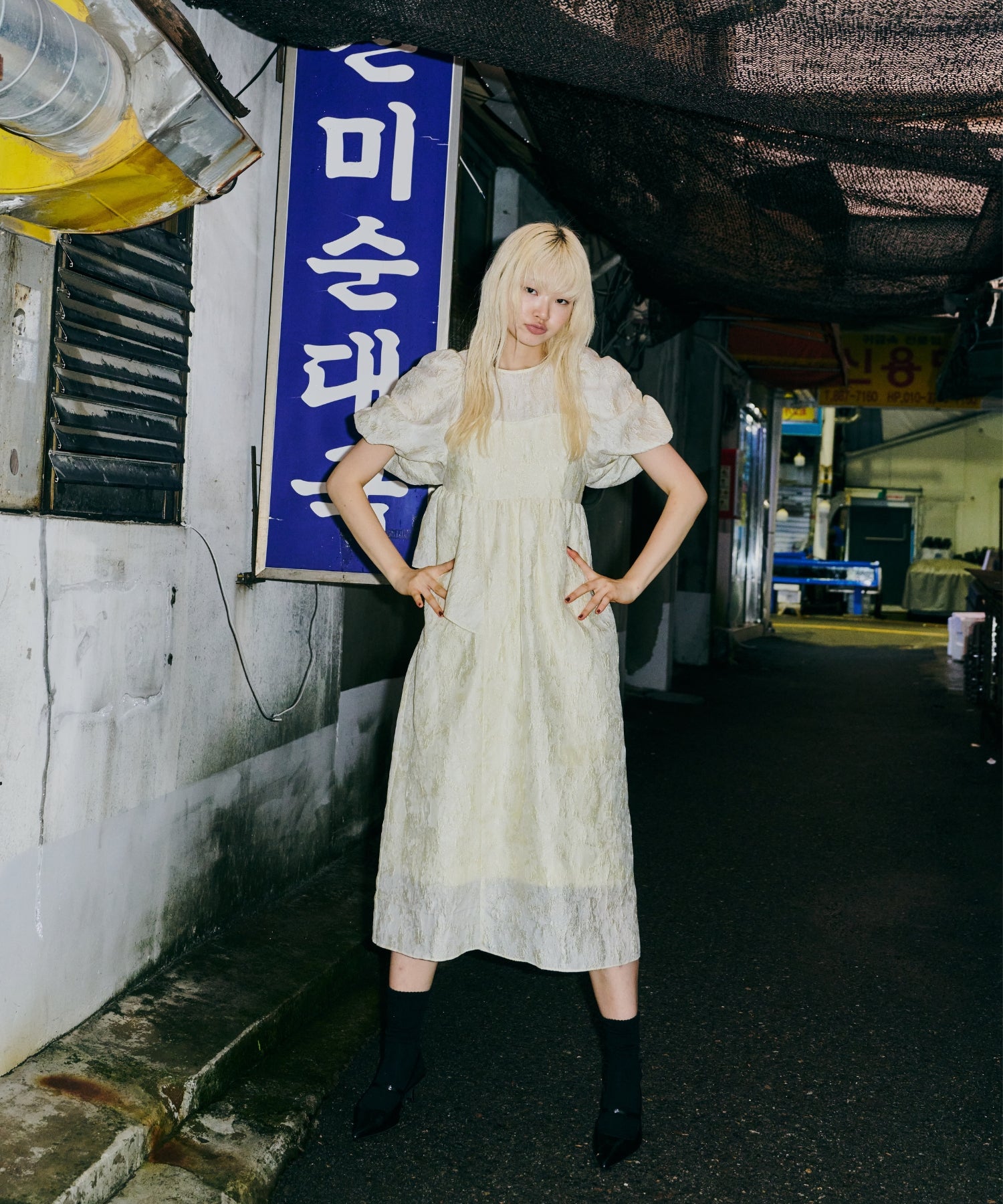 BUBBLE SLEEVE JACQUARD DRESS