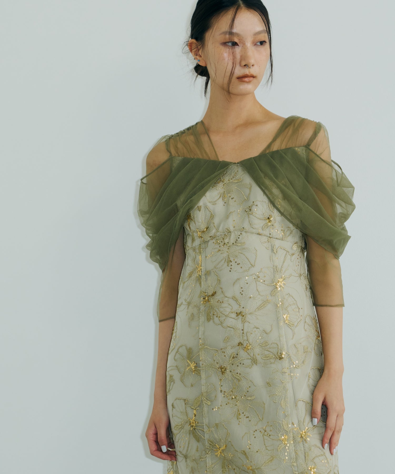 TULLE DRAPE SPANGLE DRESS