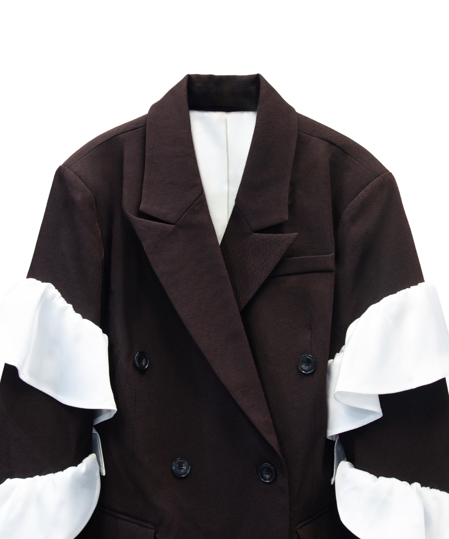 FRILL PEAKED LAPEL JACKET ブラウン 正面アップ物撮り画像