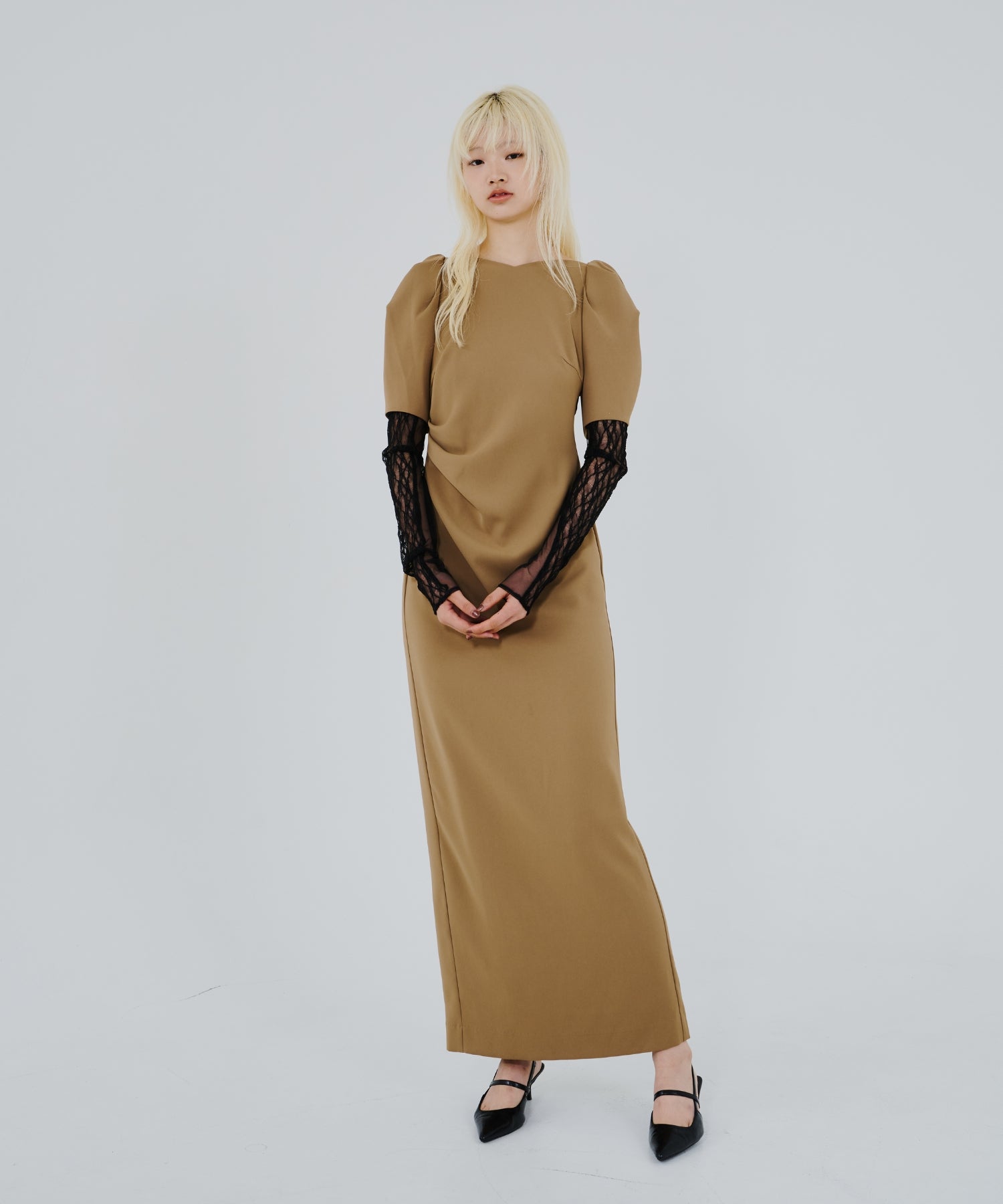 LACE ARM DRAPE DRESS