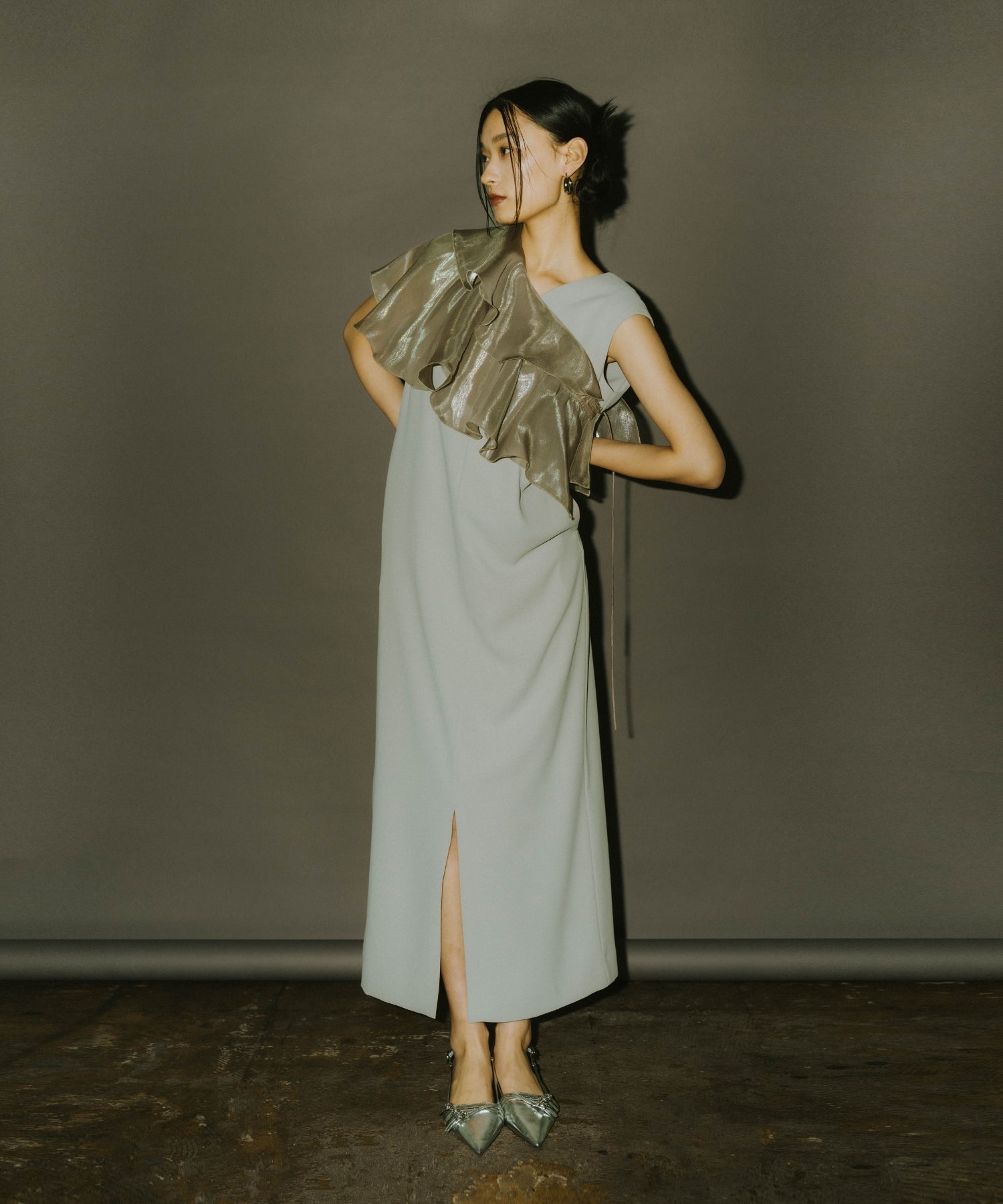 GLOSSY MULTI RUFFLE DRESS
