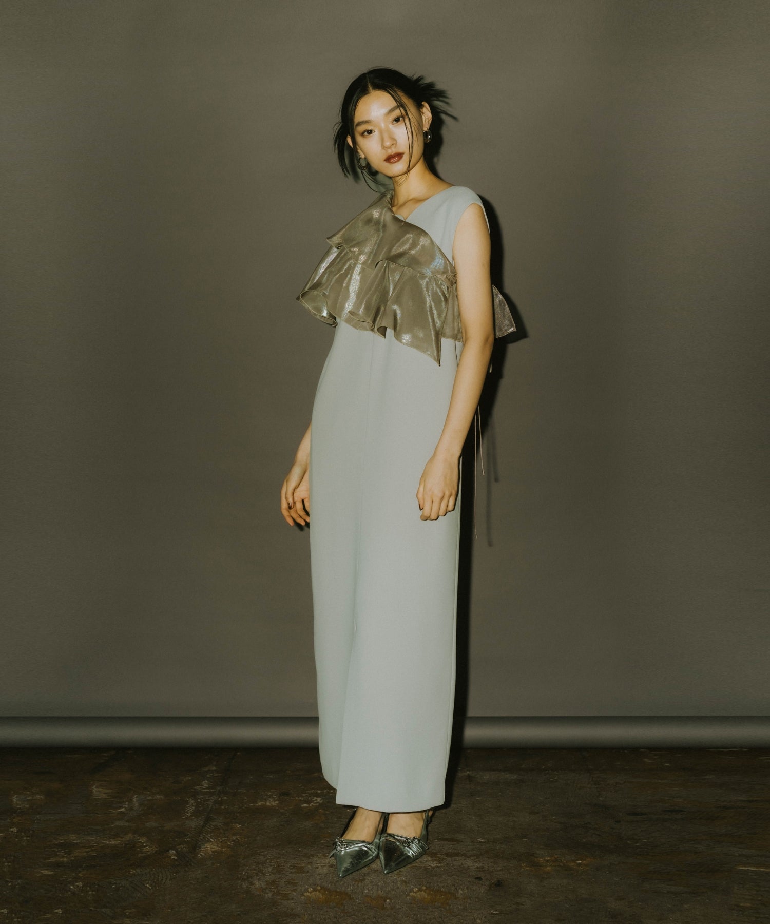 GLOSSY MULTI RUFFLE DRESS