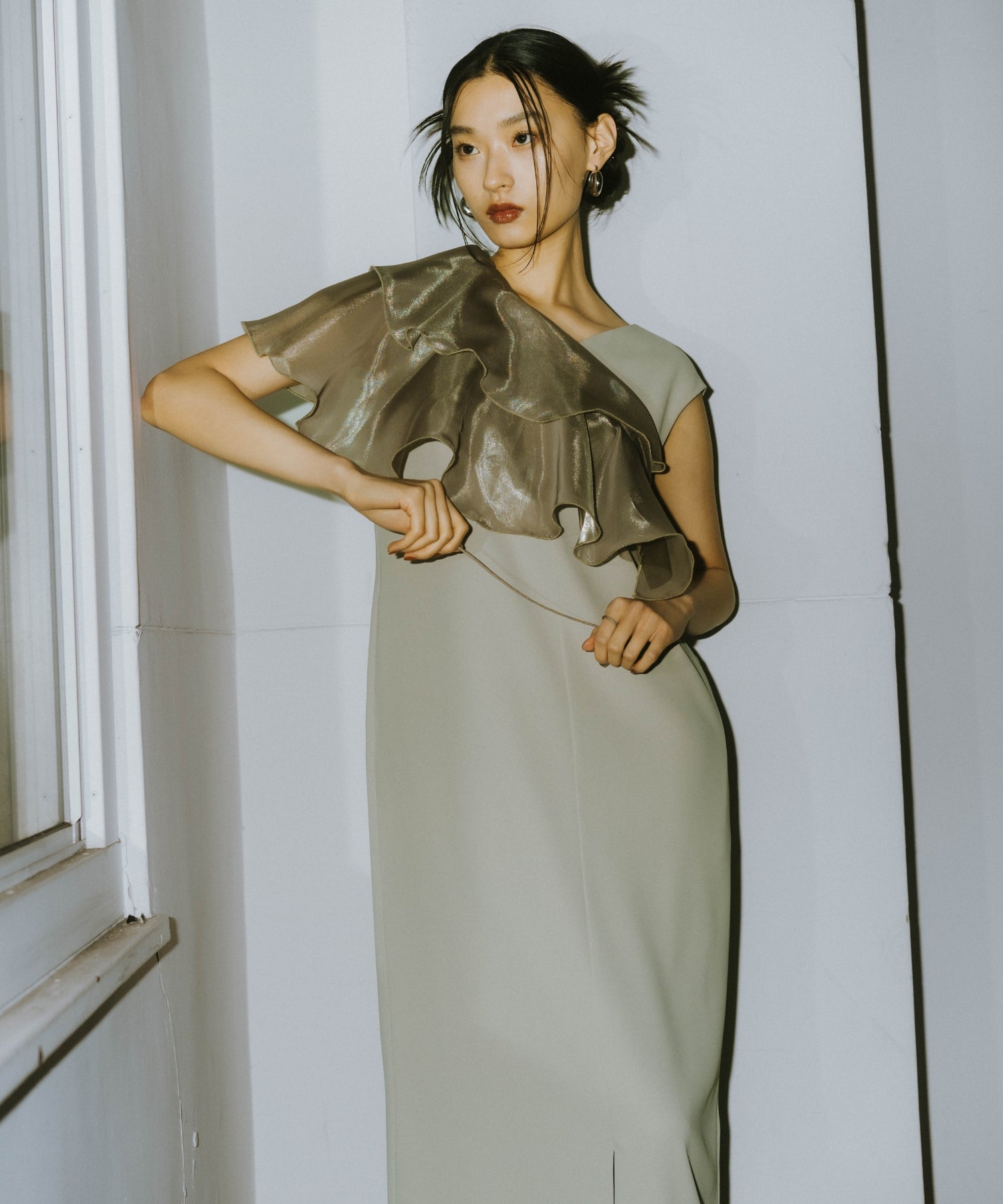 GLOSSY MULTI RUFFLE DRESS