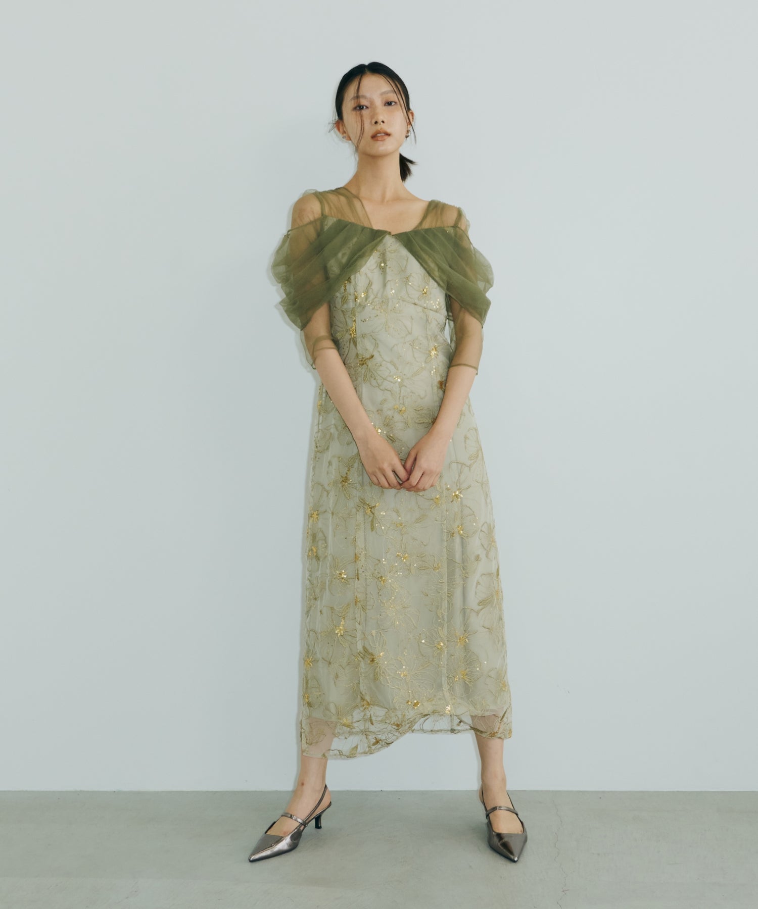 TULLE DRAPE SPANGLE DRESS