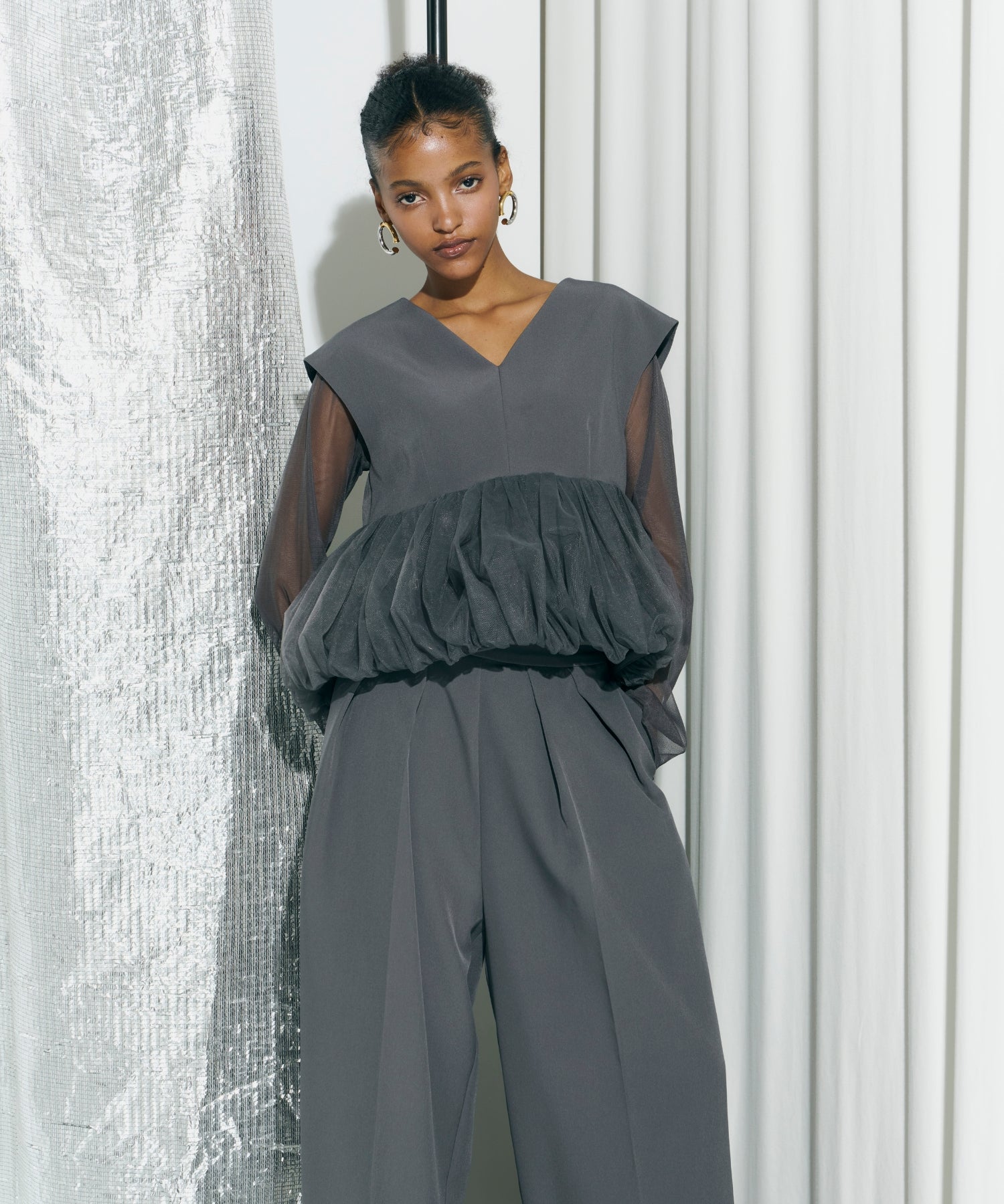 極美品✨️ANDRESD peplum tulle set up　М　ブラック PEPLUM TULLE SET UP PANTS DRESS