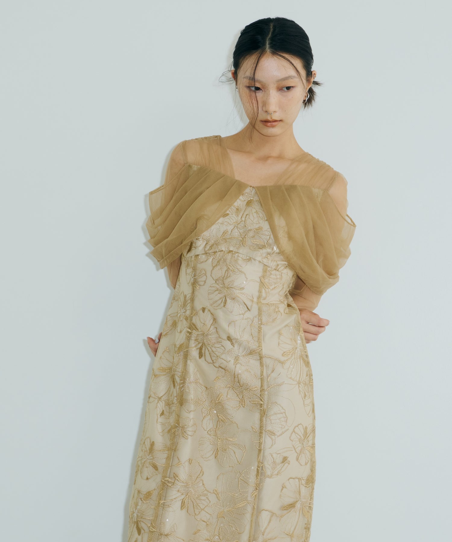 TULLE DRAPE SPANGLE DRESS