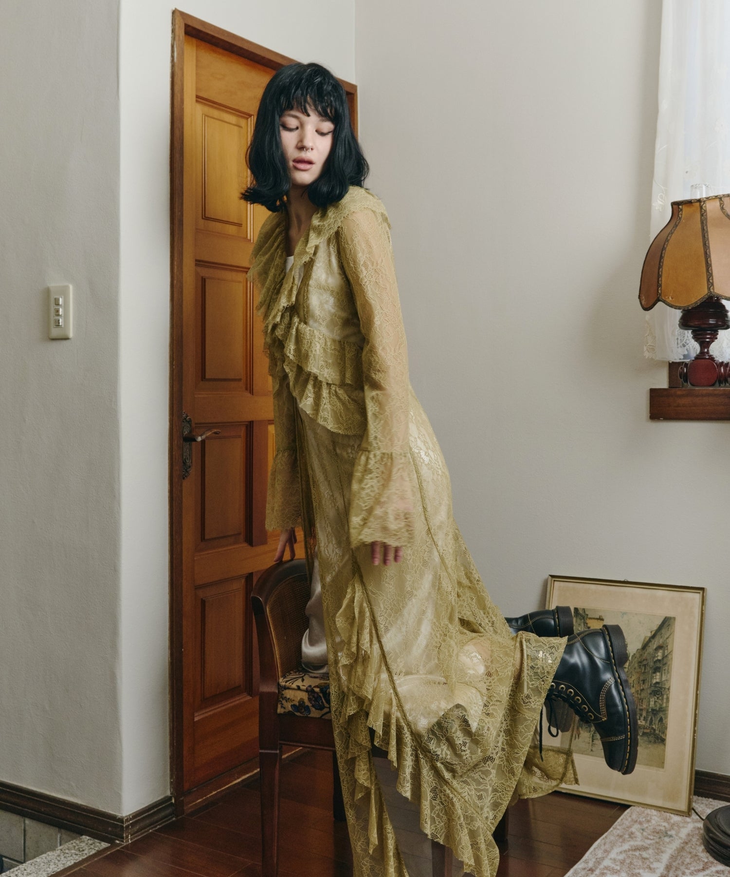 ANDRESD レースラッフルドレス　インナーセット RUFFLE LACE GOWN LAYERED DRESS