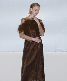 TULLE SPARKLE DRESS ブラウン 正面アップポーズ