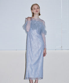 TULLE SPARKLE DRESS ライトグレー 正面アップポーズ
