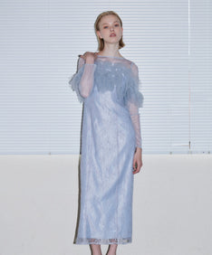 TULLE SPARKLE DRESS ライトグレー 正面アップポーズ
