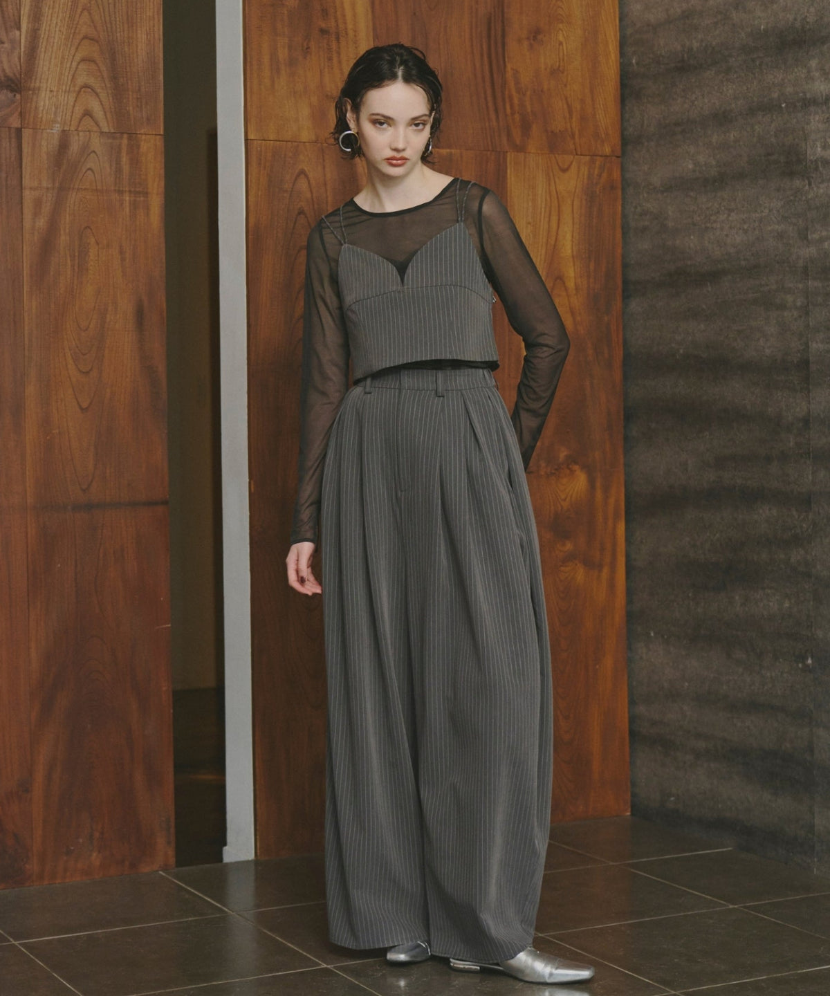 PINSTRIPE BUSTIER WIDE PANTS DRESS