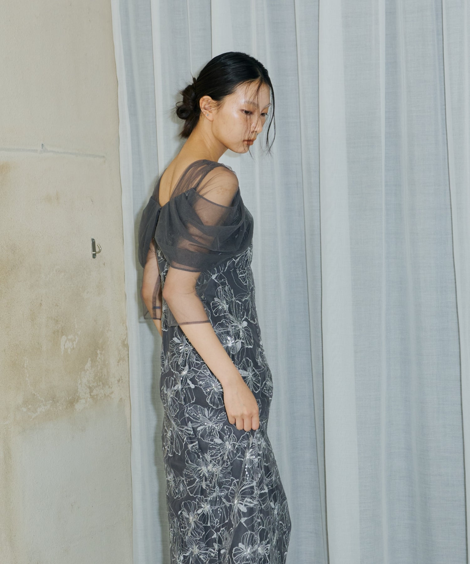 TULLE DRAPE SPANGLE DRESS