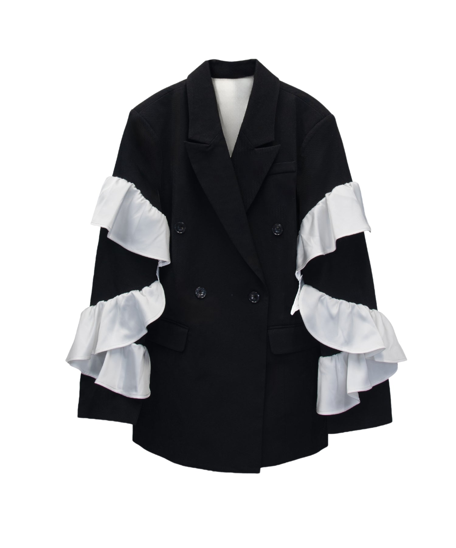 FRILL PEAKED LAPEL JACKET ブラック正面物撮り画像