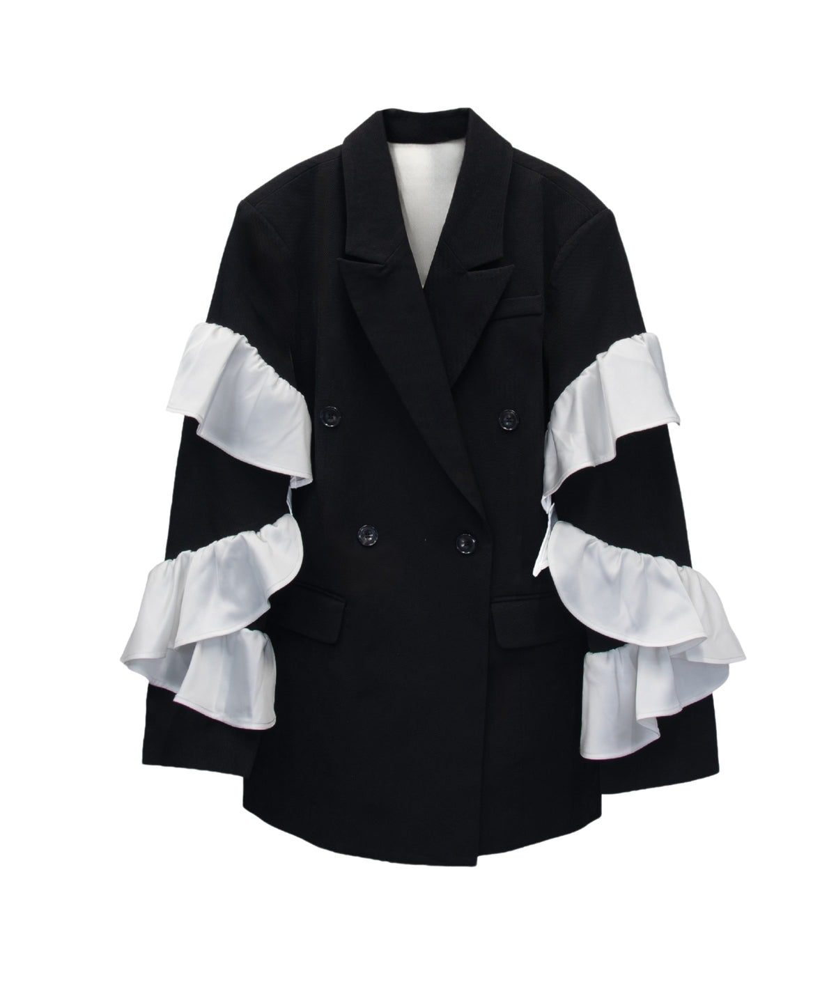 FRILL PEAKED LAPEL JACKET ブラック正面物撮り画像