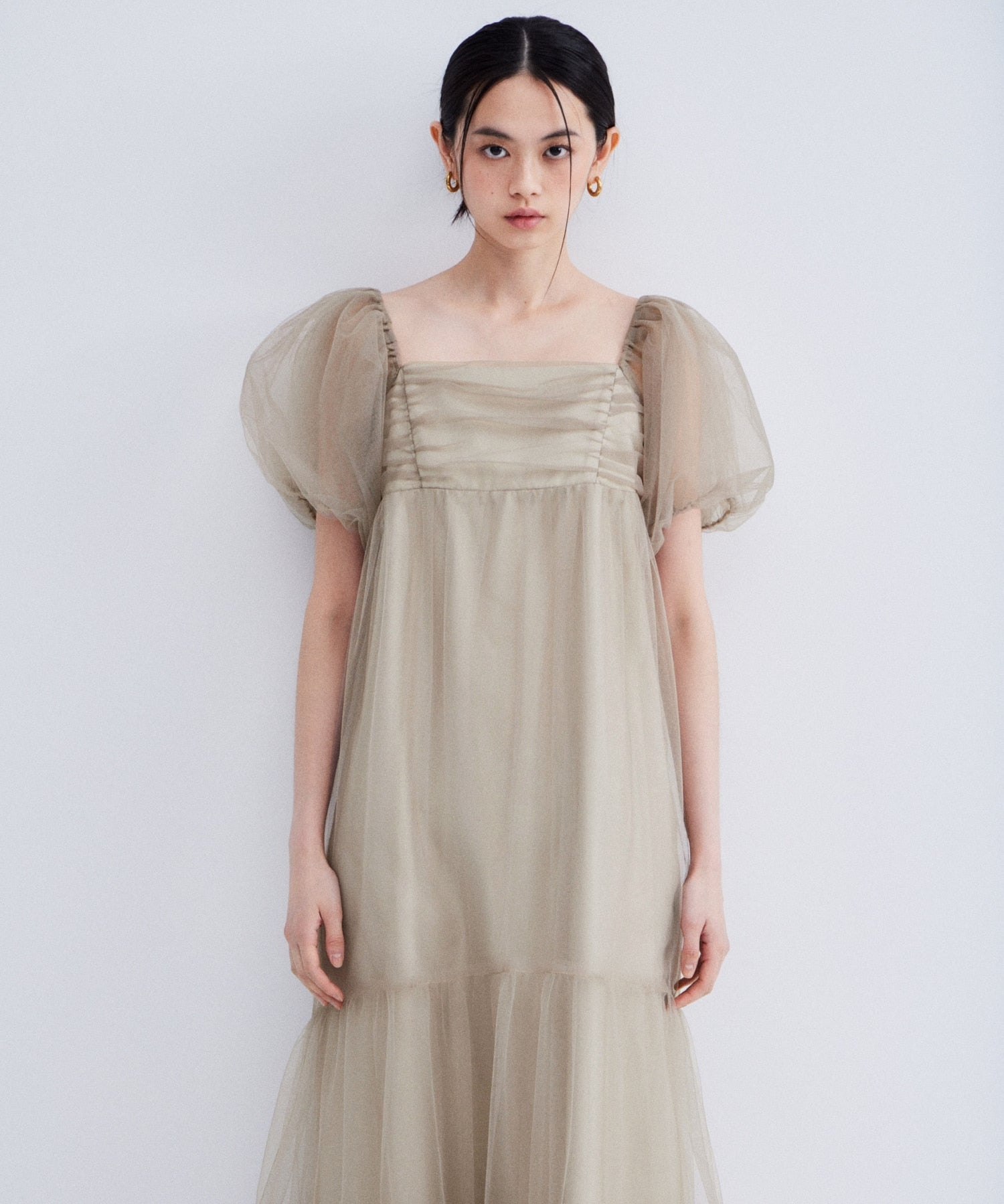VOLUME TULLE PUFF SLEEVE DRESS