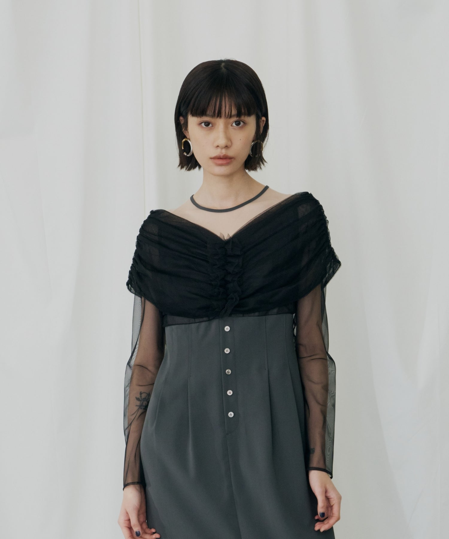 SHEER GATHERED COLUMN DRESS